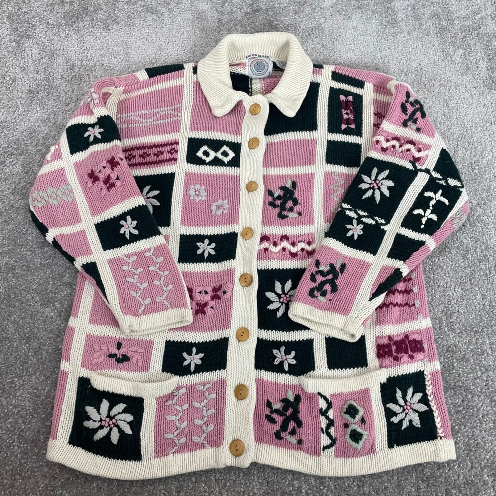Vintage Cape Isle Knitters‎ Cardigan Sweater Small Patchwork Hand Knit Floral